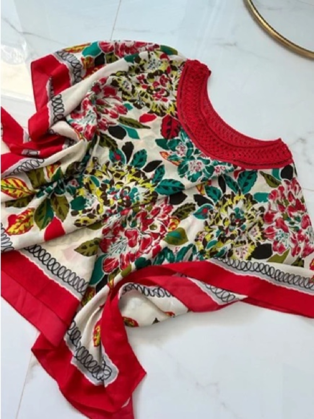 ECI Women’s Summer Bright Floral Red-boho Shawl Blouse LIKE NEW S